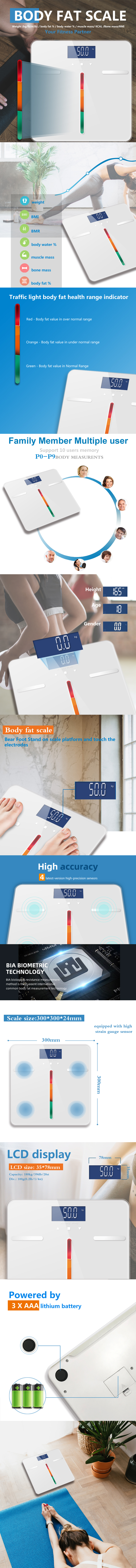 Infographic showing body composition metrics and scale dimensions