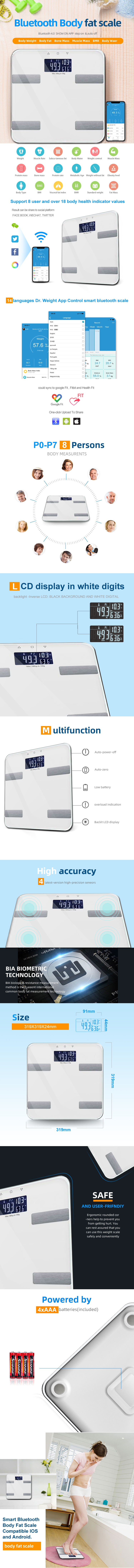 Smart Bluetooth Body Fat Scale features and app interface overview