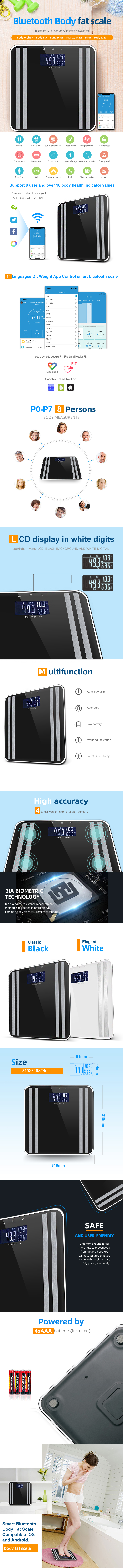 Infographic showing smart body fat scale features and mobile app interface