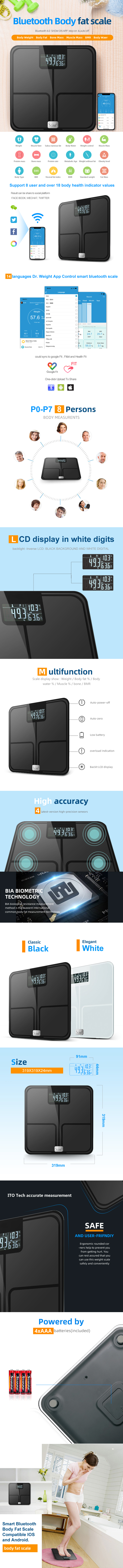 Smart Bluetooth Body Fat Scale with ITO Technology and LCD Display