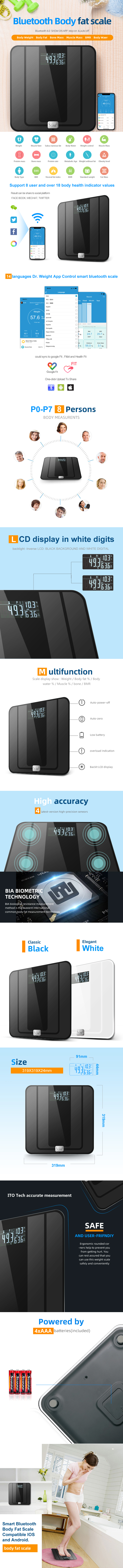 Infographic showing Bluetooth body fat scale features and dimensions