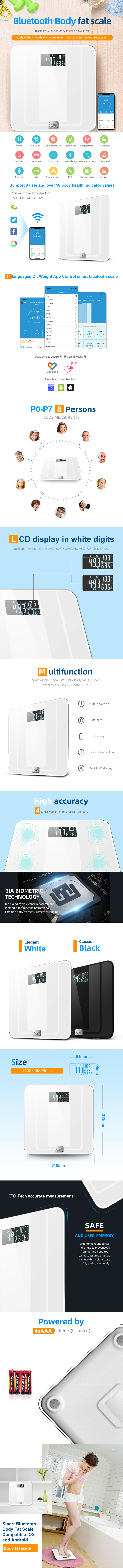 Infographic showing the Smart Bluetooth Body Fat Scale features and app interface