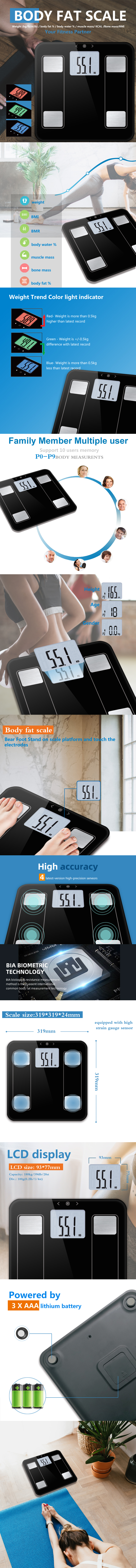 Digital body fat scale showing LCD display and weight trend indicators