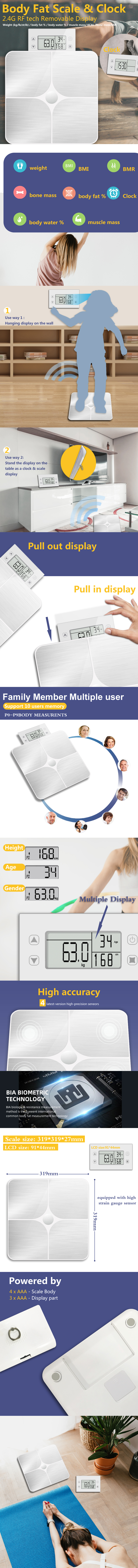 Body composition analyzer with removable display showing various measurement modes and mounting options.