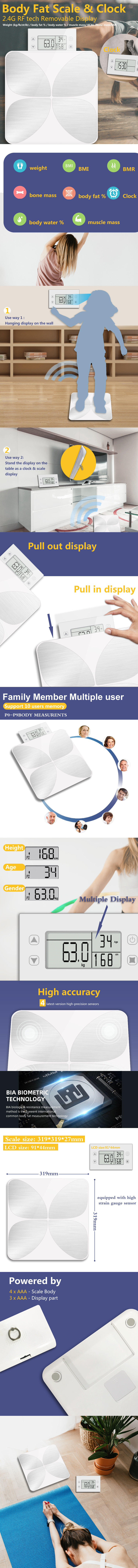 Digital body fat scale with removable 2.4G RF display showing multiple mounting options and measurement metrics.