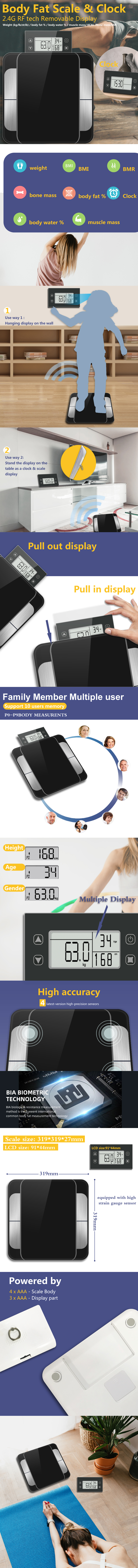 Infographic showing the removable display and measurement features of the body composition scale