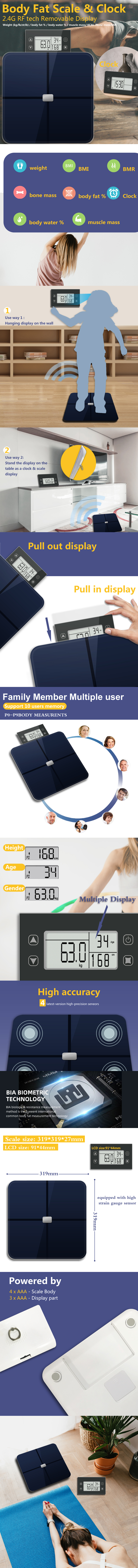 Digital body fat scale with removable wireless display showing measurement modes and mounting options