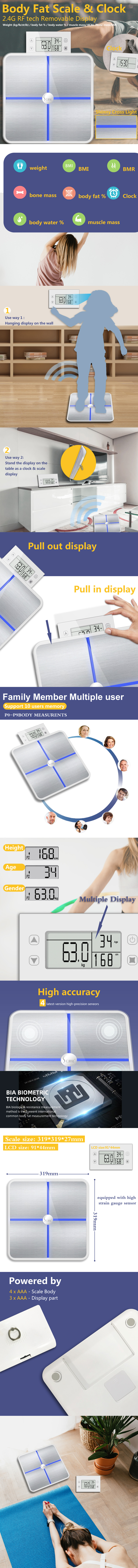 Infographic showing the removable display functionality and body composition metrics of the scale