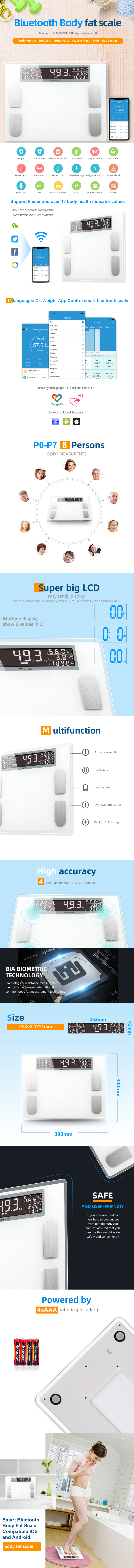 Smart Bluetooth Body Fat Scale Features and Dimensions