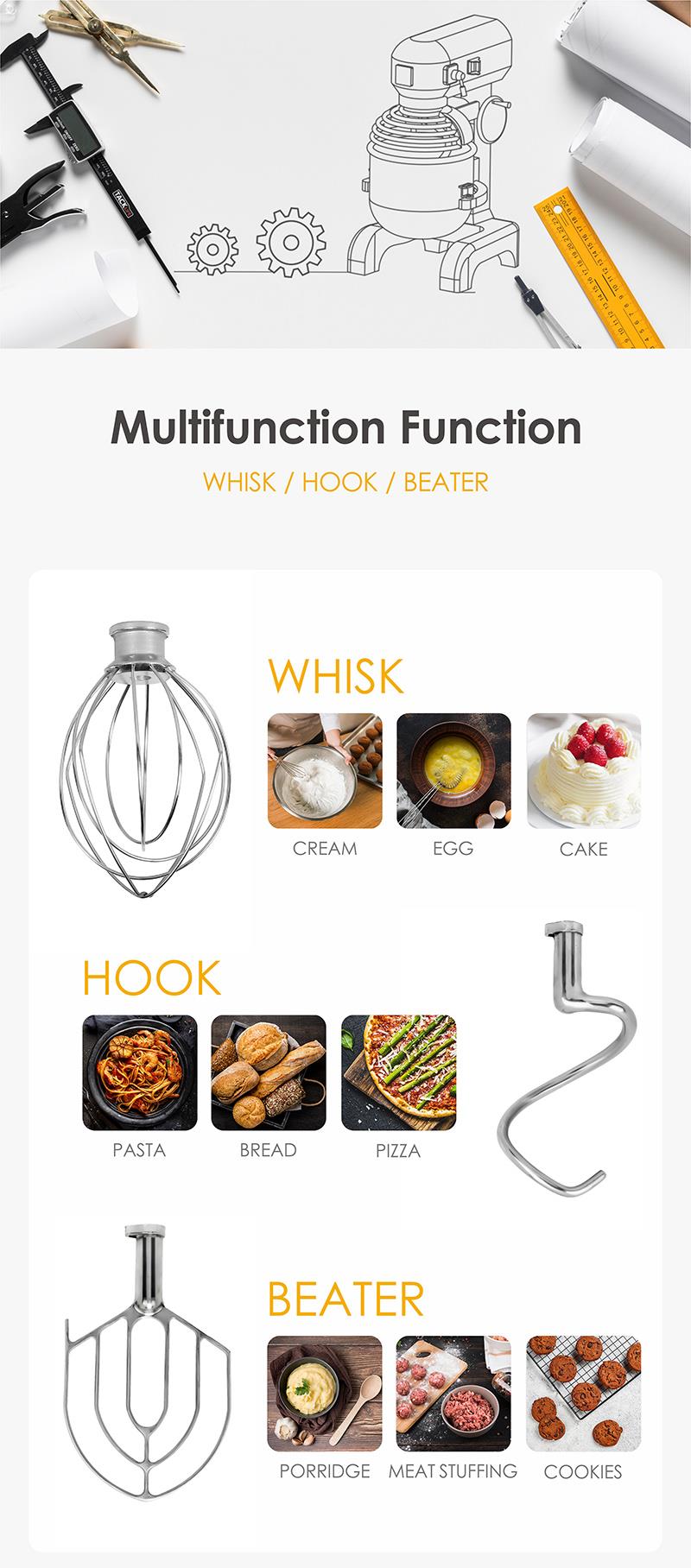 Whisk, Hook, and Beater attachments for planetary mixer