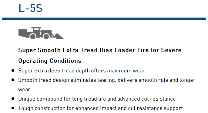 Diagram and feature list of the Super Smooth Extra Tread Bias Loader Tire