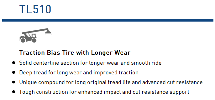 Technical features of the TL510 traction bias tire showing tread design and construction benefits.