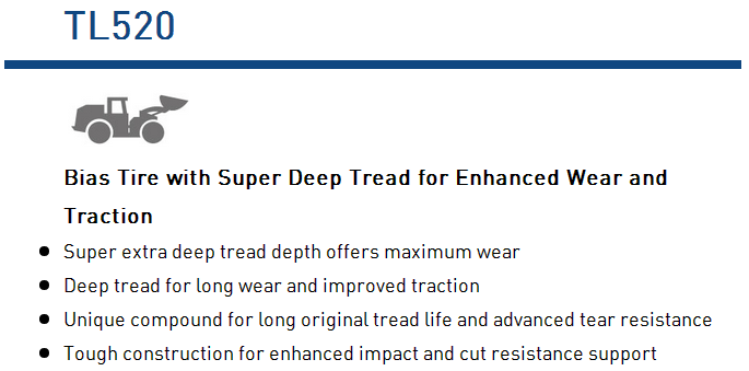Close-up of the super deep tread pattern on the bias OTR tire