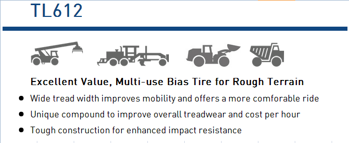 TL612 Bias OTR Tire features and benefits overview