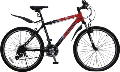 Black and Red Mountain Bicycle with Suspension Fork
