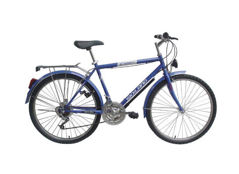 Blue Frame Mountain Bicycle with Fenders and Rack
