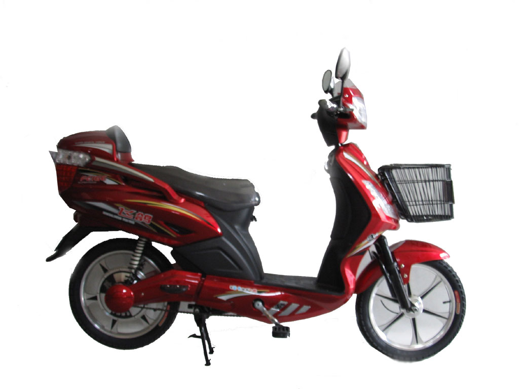 Red Electric Step-Through Scooter with Basket