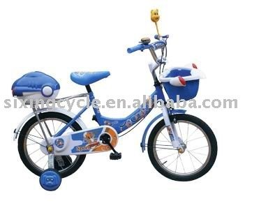 Blue and white children's bicycle with training wheels and basket