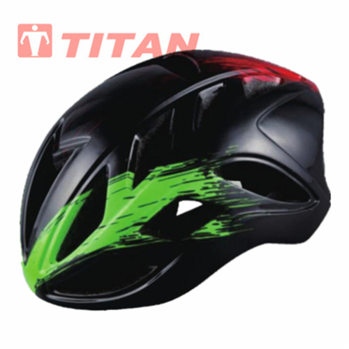 Black bicycle helmet with green and red accents