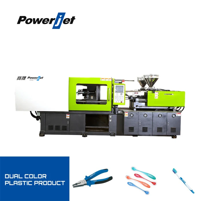 Two-color injection molding machine showing dual injection units