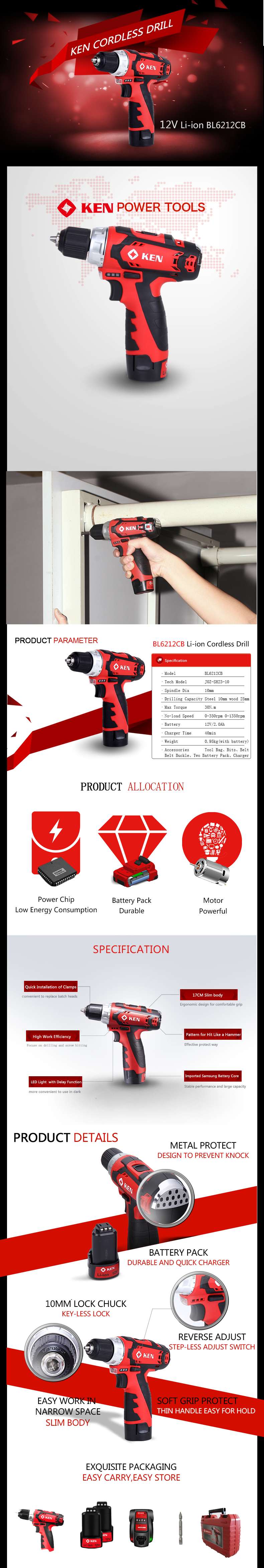 Detailed technical diagram and features of the 12V cordless drill