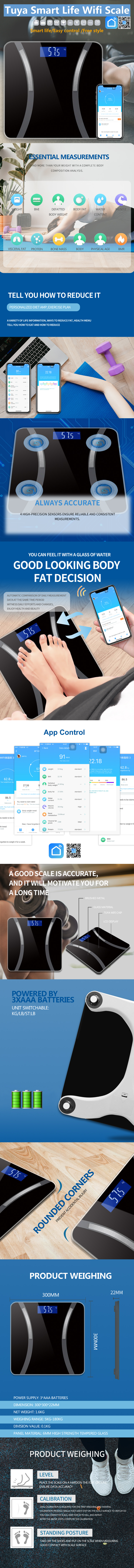 Infographic showing Tuya Smart Life WiFi scale features and measurements