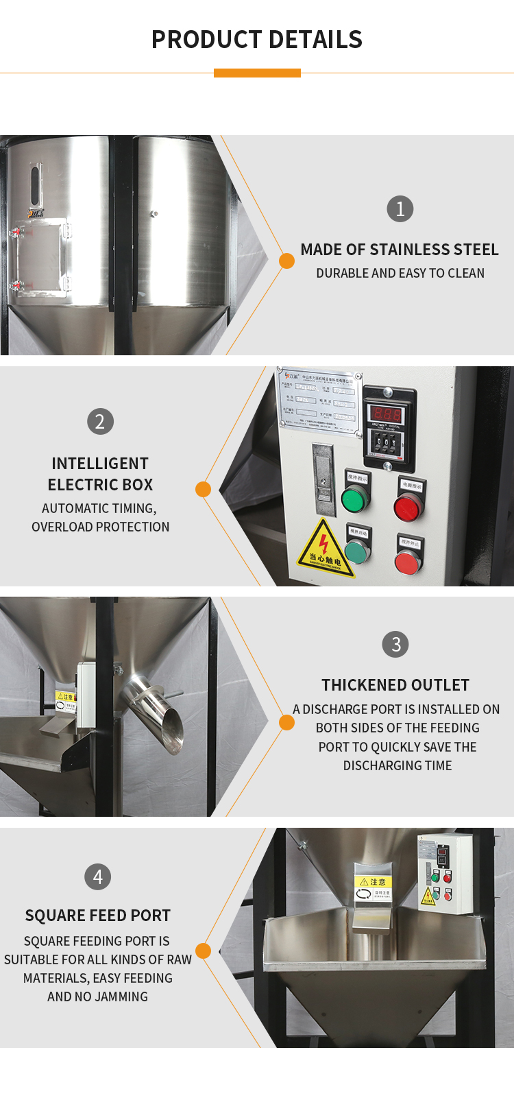Detailed view of the electric control box, feed port, and discharge outlet
