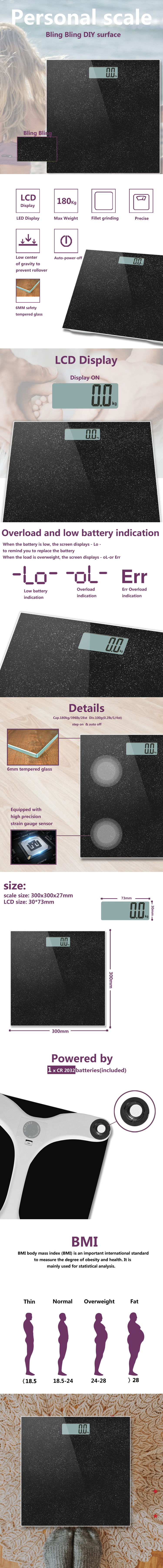 Detailed view of the bling surface digital scale showing dimensions, display features, and safety design.