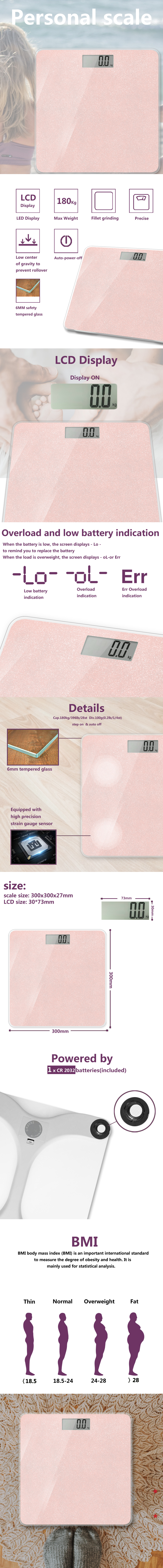 Detailed technical features of the digital body scale including LCD display and dimensions