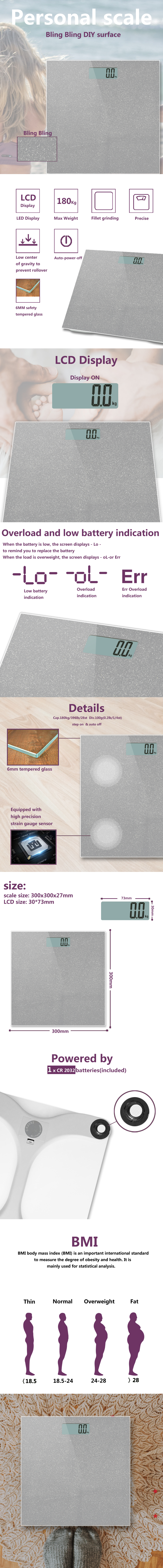 Technical details of the Bling Bling digital scale showing dimensions, LCD display, and BMI chart.