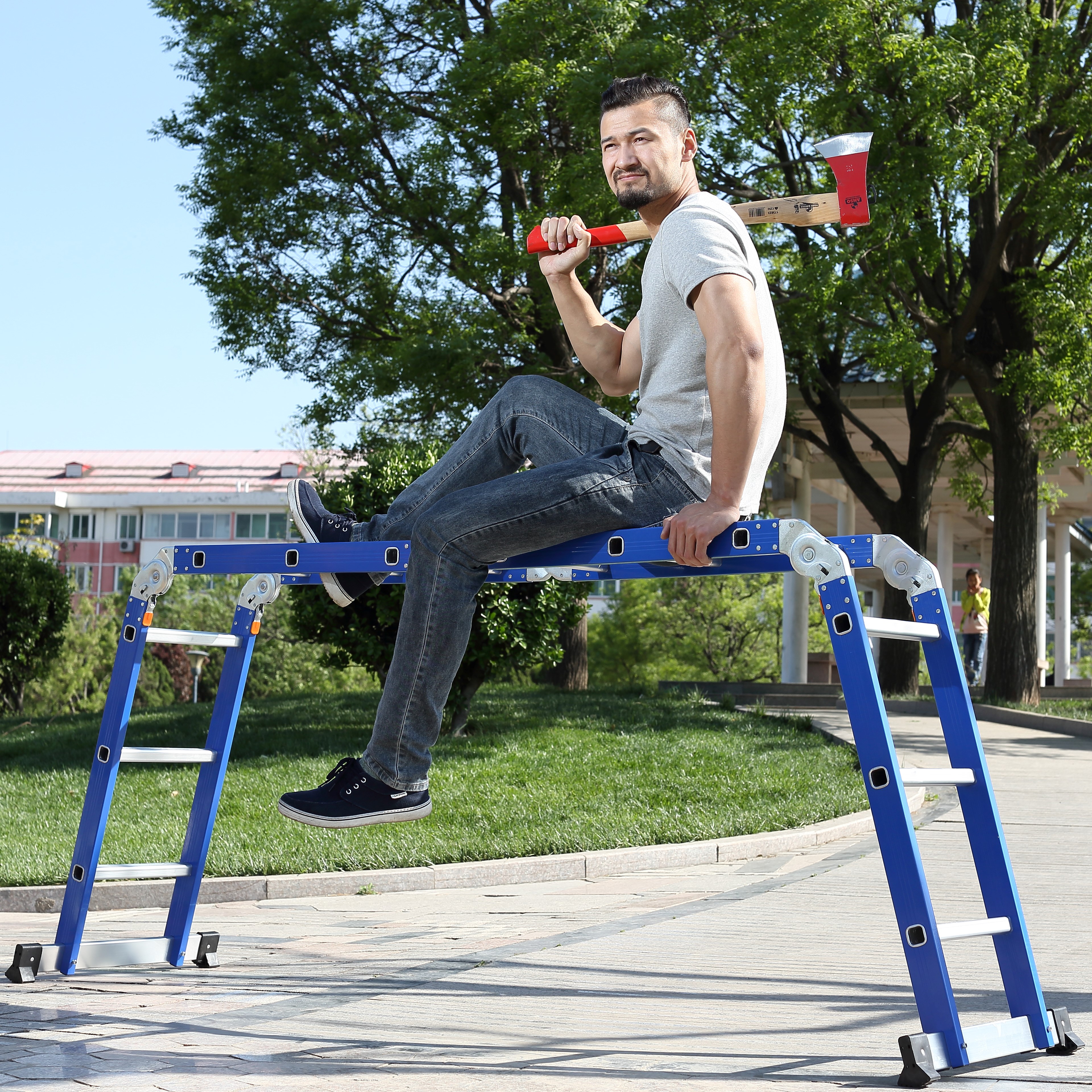 Blue painted aluminum extension ladder function folding stair and multi purpose ladder - Image 3