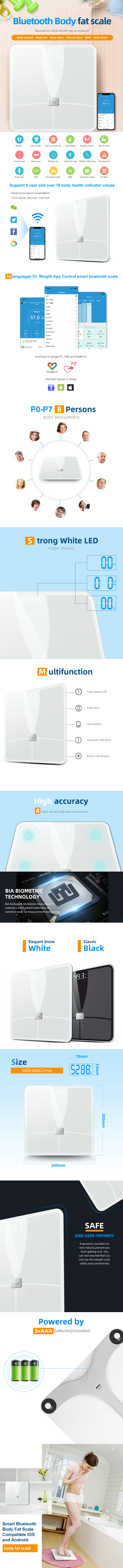 Infographic showing smart Bluetooth scale features including app connectivity and BIA technology