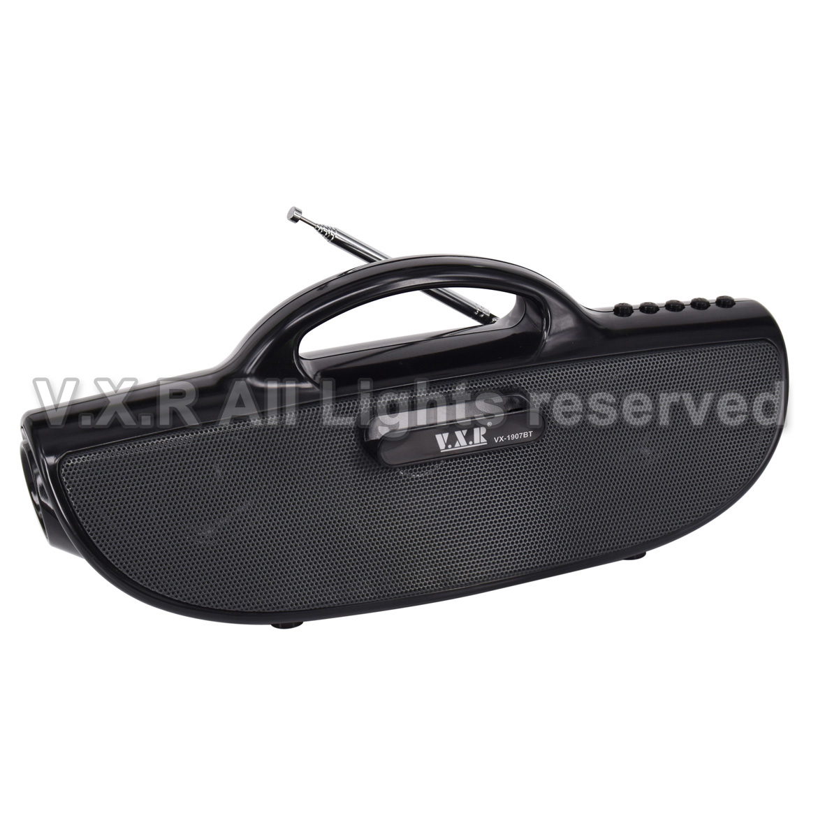 Portable Bluetooth speaker with FM radio, telescopic antenna, and integrated handle