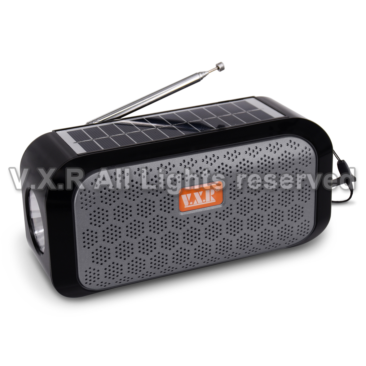 Portable Bluetooth speaker with solar panel, antenna, and carrying strap.