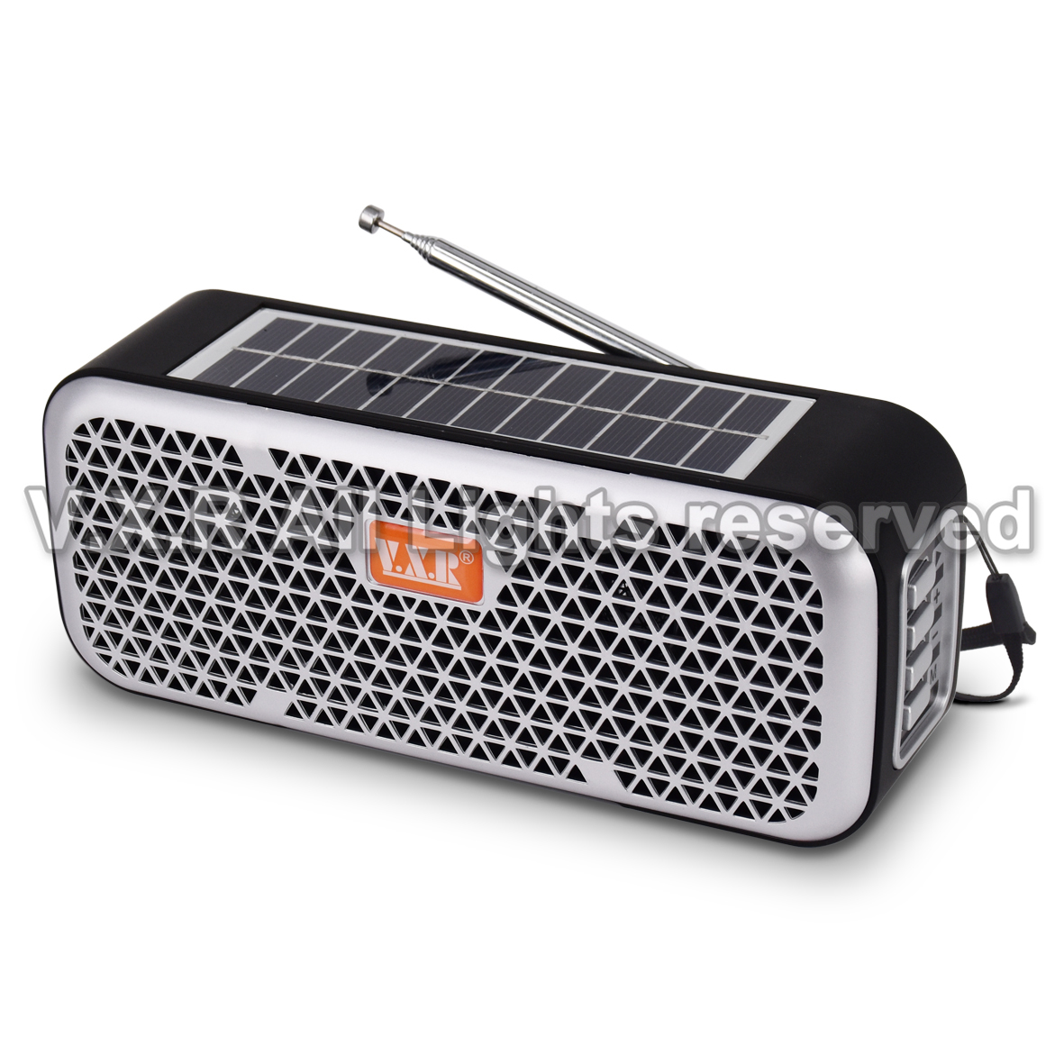 Portable Bluetooth speaker with integrated solar panel and FM antenna