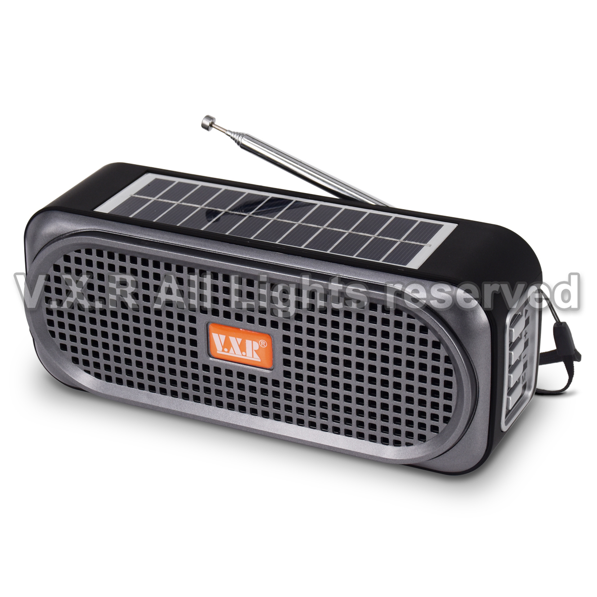 Portable Bluetooth speaker with integrated solar panel and telescopic antenna