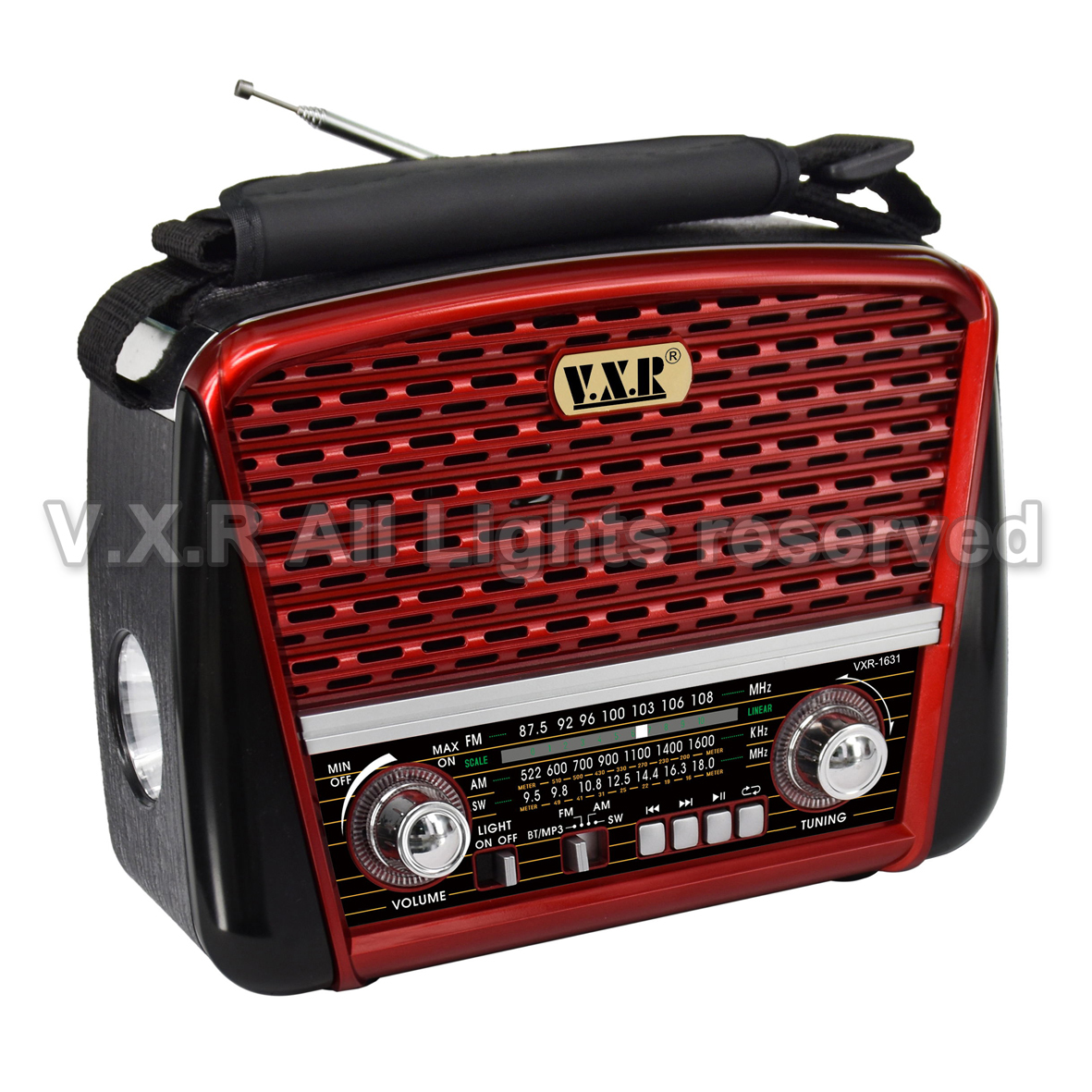 Front view of the multi-band radio showing the tuning dial and control knobs
