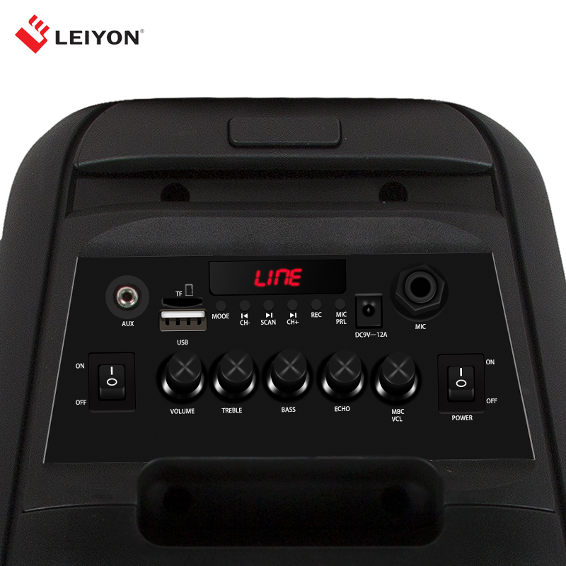 Top control panel of the DJ speaker showing volume knobs and input ports