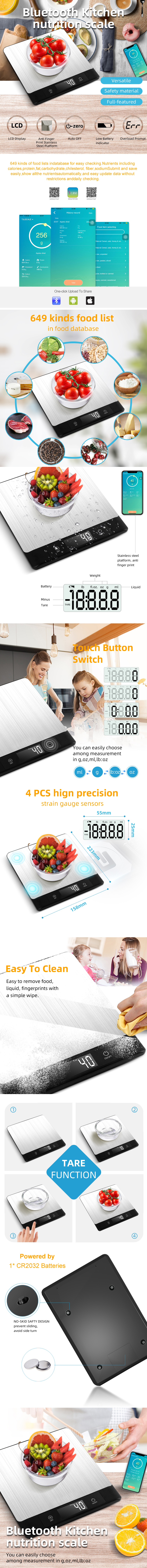 Infographic showing Bluetooth kitchen nutrition scale features including LCD display, touch buttons, and food database information.