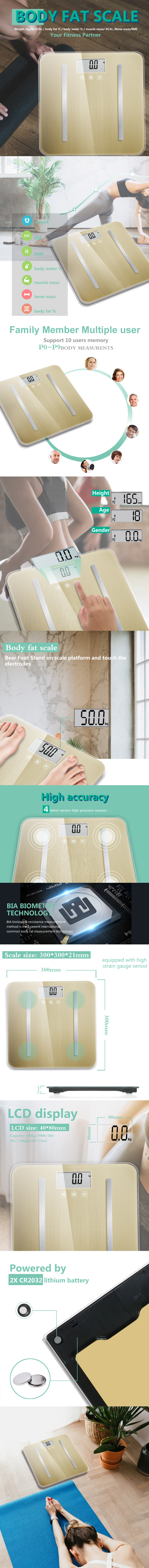Infographic showing body composition scale features and LCD display details