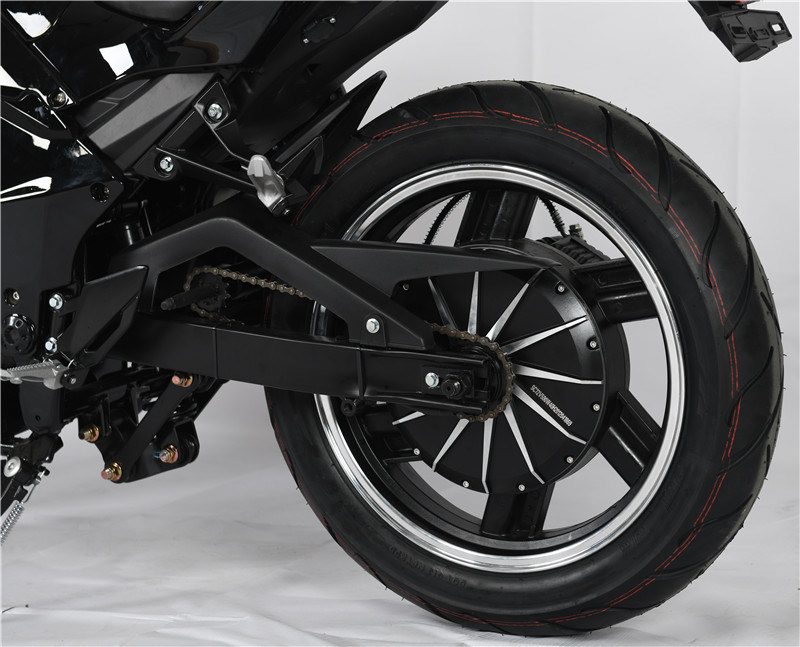 Detail of the electric motorcycle's rear hub motor and suspension