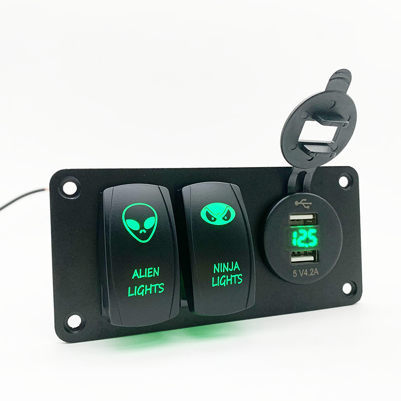 2-Gang rocker switch panel with voltmeter and USB ports