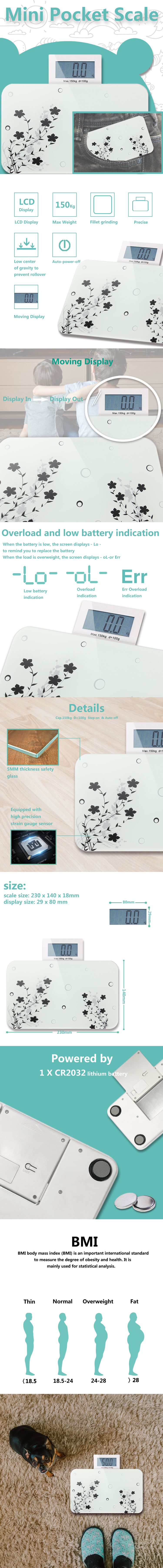 Infographic showing the compact digital scale features including BMI index and moving display