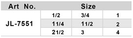 Table showing available sizes for the JL-7551 brass ball valve ranging from 1/2 to 4 inches.