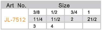 Table of available sizes for JL-7512 brass ball valve