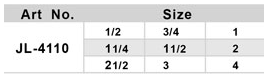Table showing available sizes for the JL-4110 brass check valve ranging from 1/2 to 4 inches.