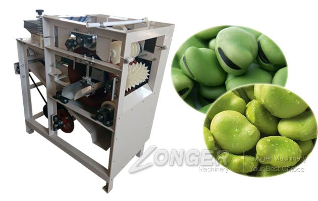 Broad bean skin peeler machine showing hopper and discharge chutes