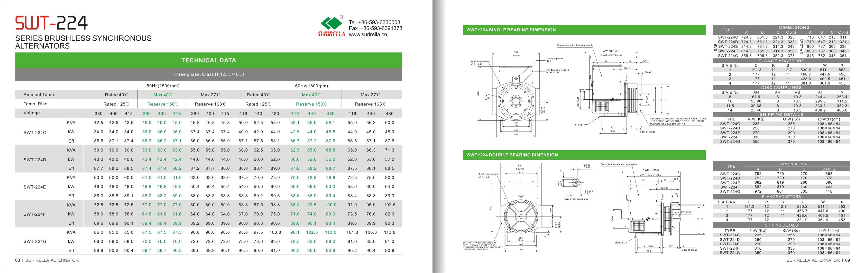 Technical drawings and dimensions for SWT-224 series brushless alternators