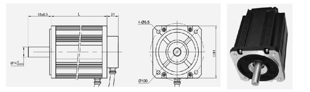Technical drawing of 90mm Brushless DC Motor showing dimensions