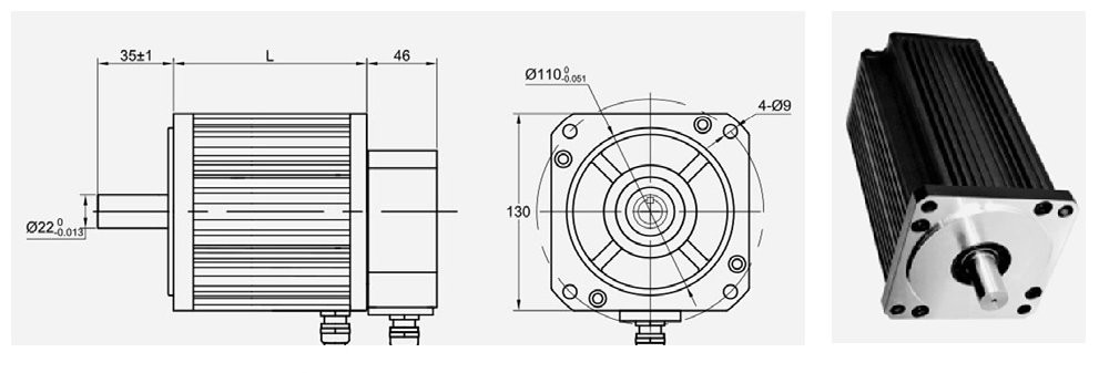 Technical dimensional drawing of 130mm series brushless motor